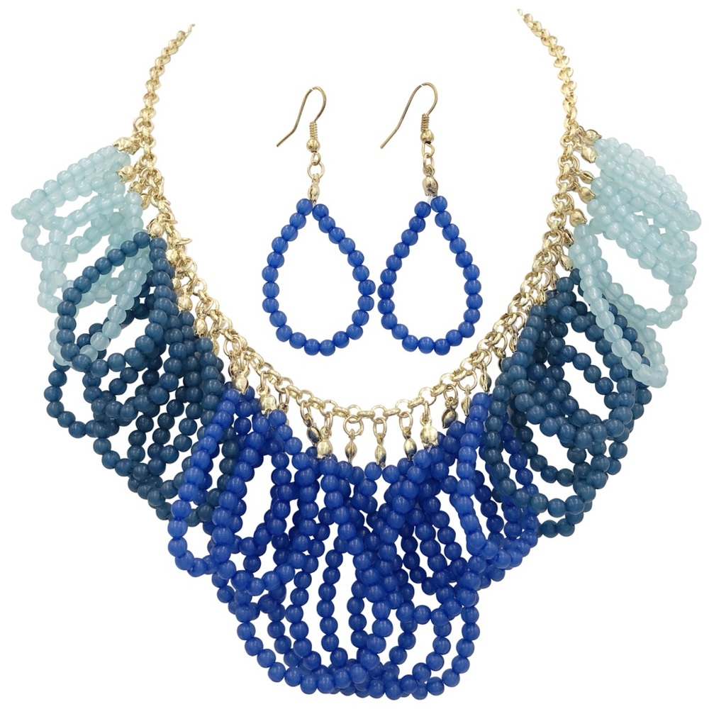 Blue Ombré Bead Loop Chunky Necklace Earrings Set